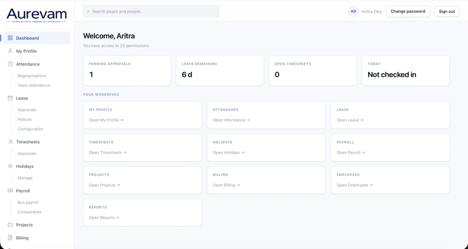 Aurevam HRMS dashboard showing pending approvals, leave remaining and open timesheets, with navigation for attendance, leave, timesheets, holidays, payroll, projects, billing and employees.